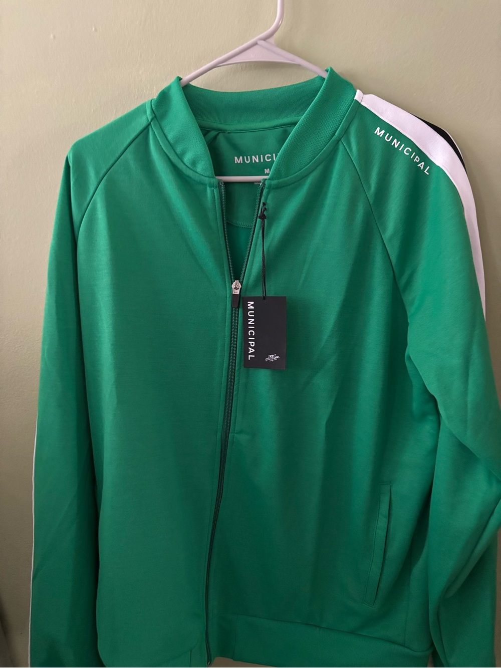 Men's Emerald Zip-Front Track Bomber with White Shoulder Stripe